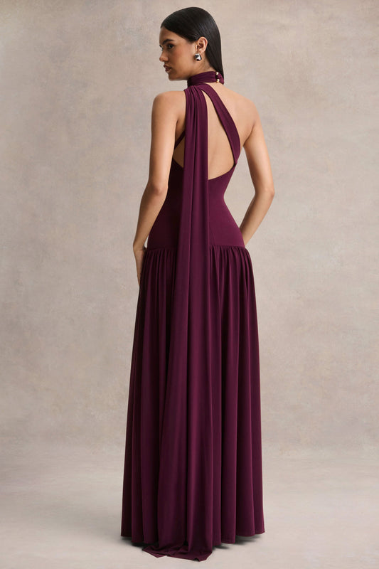 Freesia | Vestido Largo Color Ciruela con Escote Asimétrico y Detalle de Pañuelo
