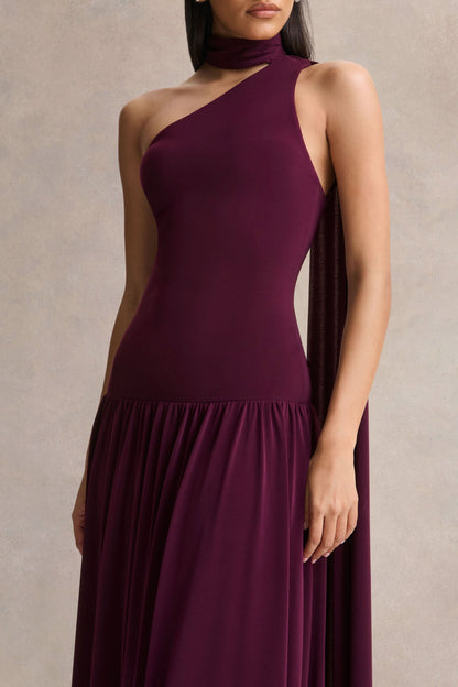 Freesia | Vestido Largo Color Ciruela con Escote Asimétrico y Detalle de Pañuelo