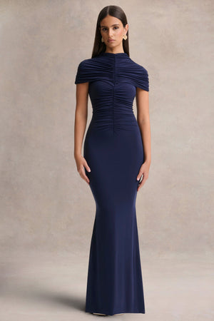 Azaria | Vestido largo azul marino de cuello alto con detalles fruncidos