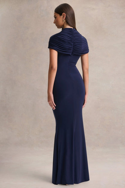 Azaria | Vestido largo azul marino de cuello alto con detalles fruncidos