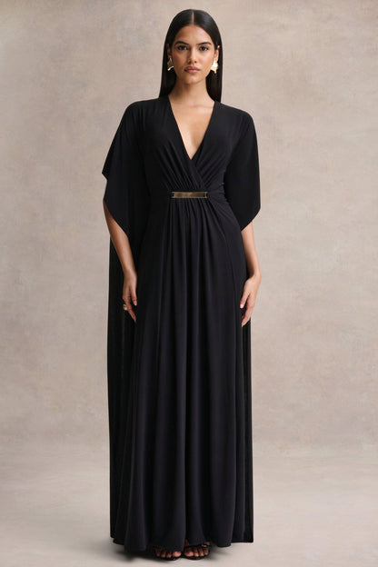 Romilly | Vestido Largo Negro con Escote Profundo y Detalle Fruncido