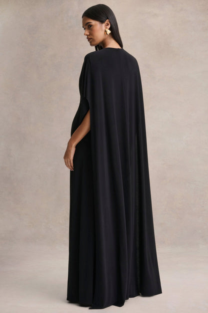 Romilly | Vestido Largo Negro con Escote Profundo y Detalle Fruncido