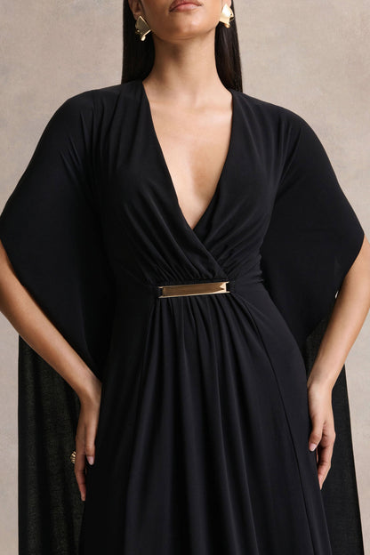 Romilly | Vestido Largo Negro con Escote Profundo y Detalle Fruncido