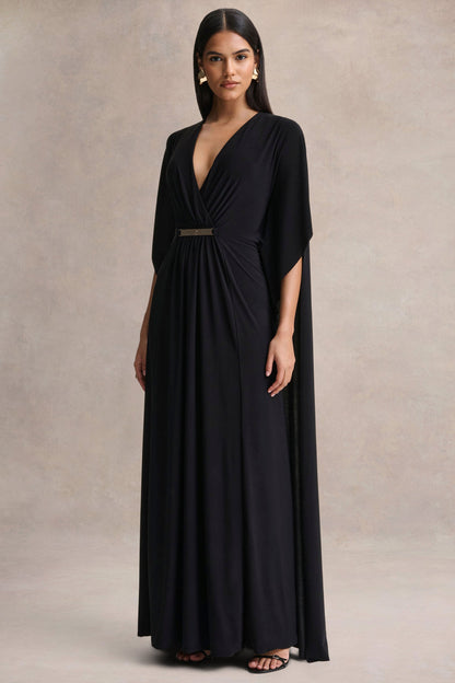 Romilly | Vestido Largo Negro con Escote Profundo y Detalle Fruncido