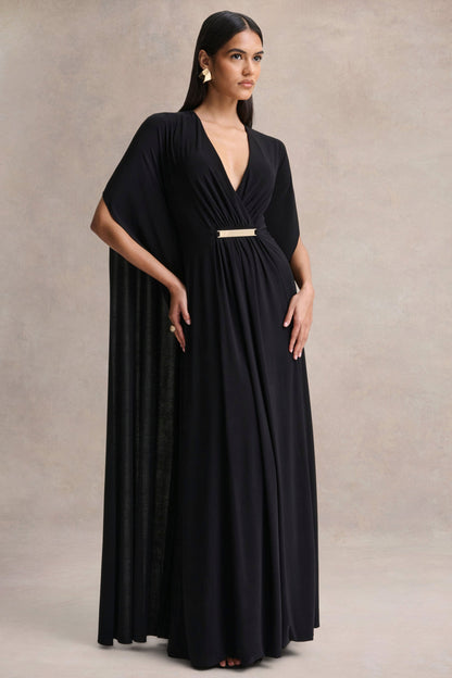 Romilly | Vestido Largo Negro con Escote Profundo y Detalle Fruncido
