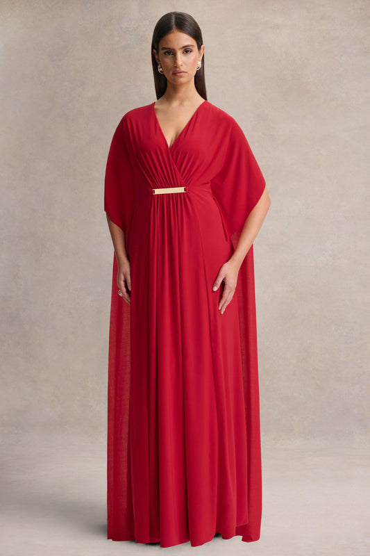 Romilly | Vestido Largo Rojo con Escote Profundo y Detalle Fruncido