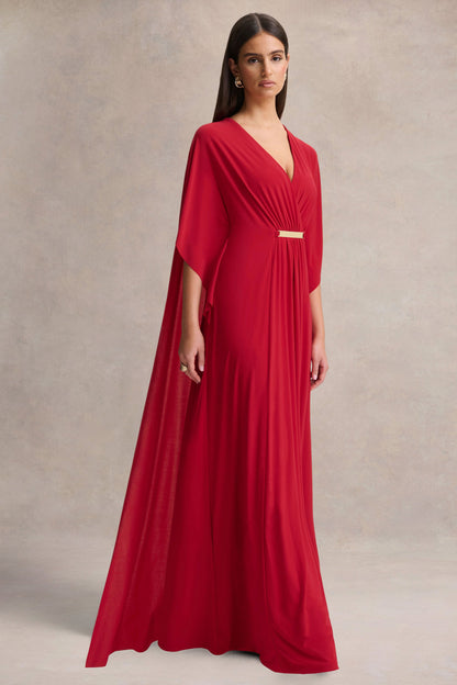 Romilly | Vestido Largo Rojo con Escote Profundo y Detalle Fruncido
