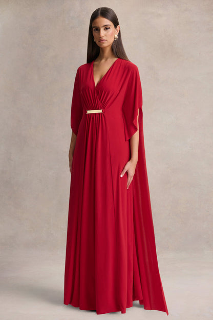 Romilly | Vestido Largo Rojo con Escote Profundo y Detalle Fruncido
