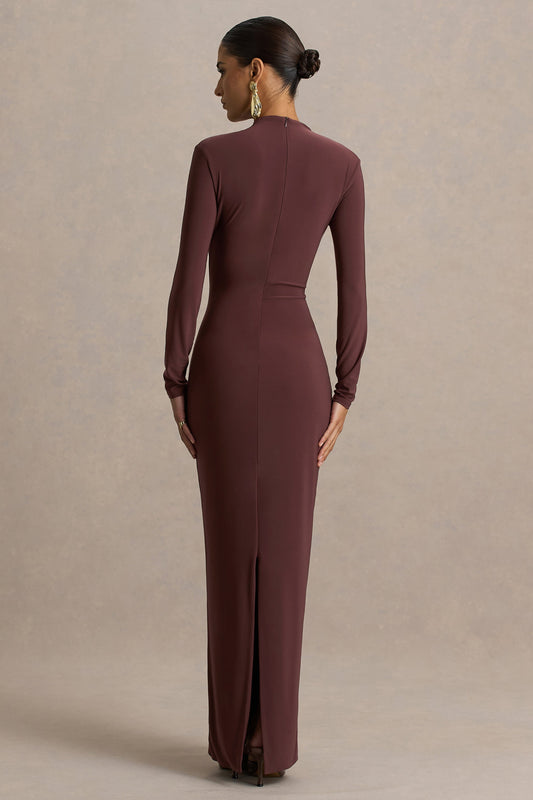 Zadie | Vestido Largo Marrón de Cuello Alto con Detalle Fruncido