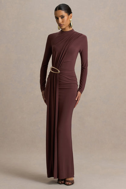 Zadie | Vestido Largo Marrón de Cuello Alto con Detalle Fruncido
