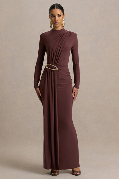 Zadie | Vestido Largo Marrón de Cuello Alto con Detalle Fruncido