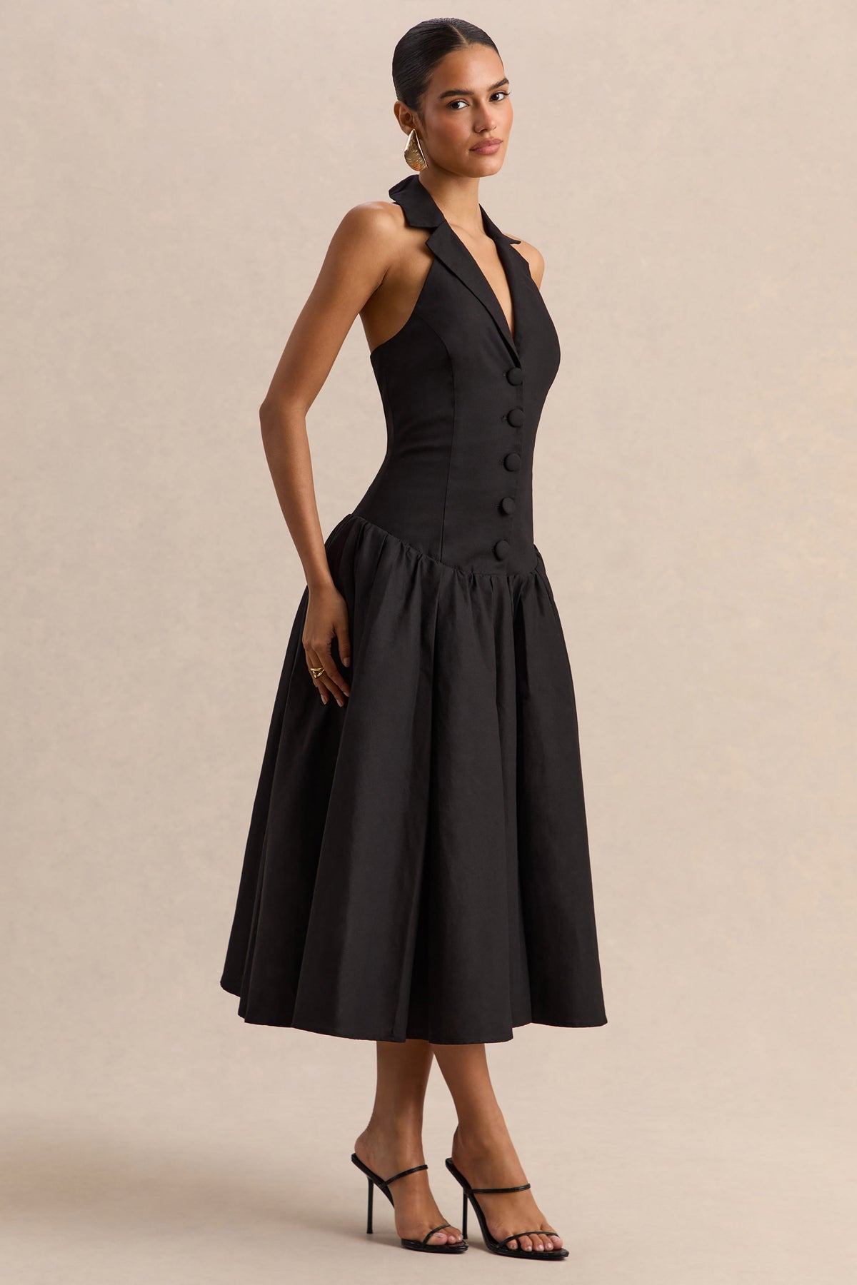 Ella | Negro Escote Pronunciado Vestido Midi con Cintura Caída