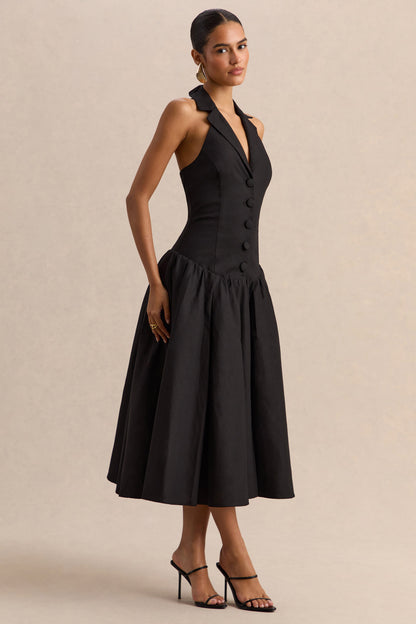 Ella | Negro Escote Pronunciado Vestido Midi con Cintura Caída