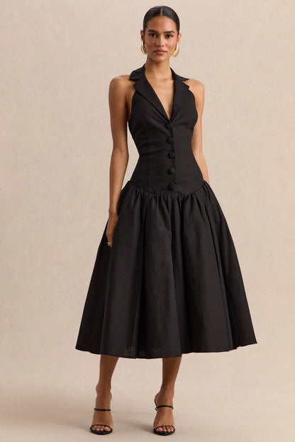 Ella | Negro Escote Pronunciado Vestido Midi con Cintura Caída