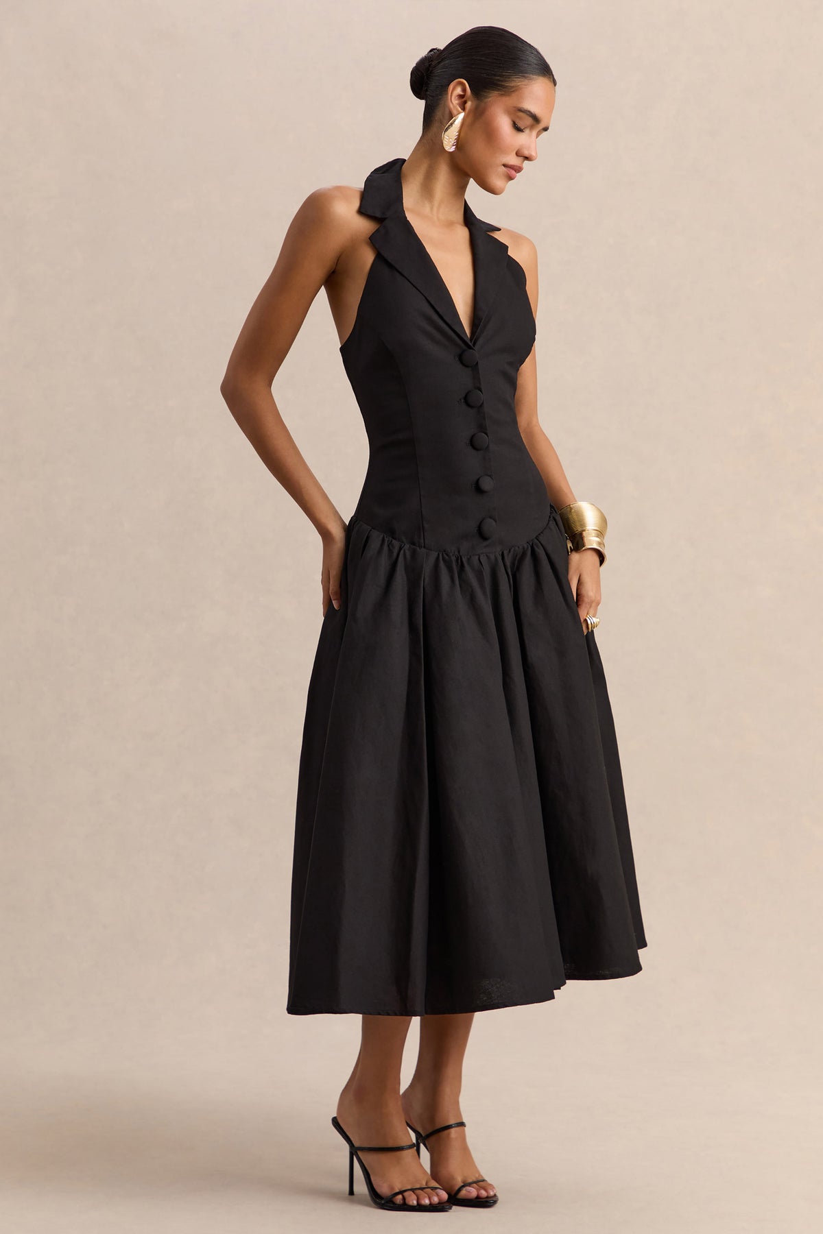 Ella | Negro Escote Pronunciado Vestido Midi con Cintura Caída