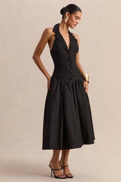 Ella | Negro Escote Pronunciado Vestido Midi con Cintura Caída