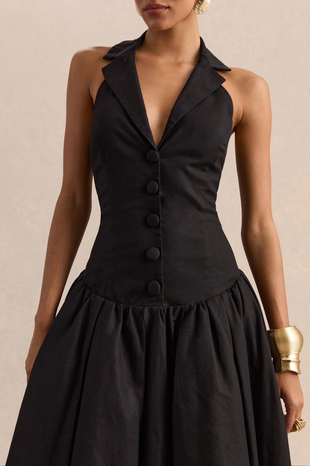 Ella | Negro Escote Pronunciado Vestido Midi con Cintura Caída
