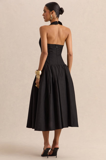 Ella | Negro Escote Pronunciado Vestido Midi con Cintura Caída