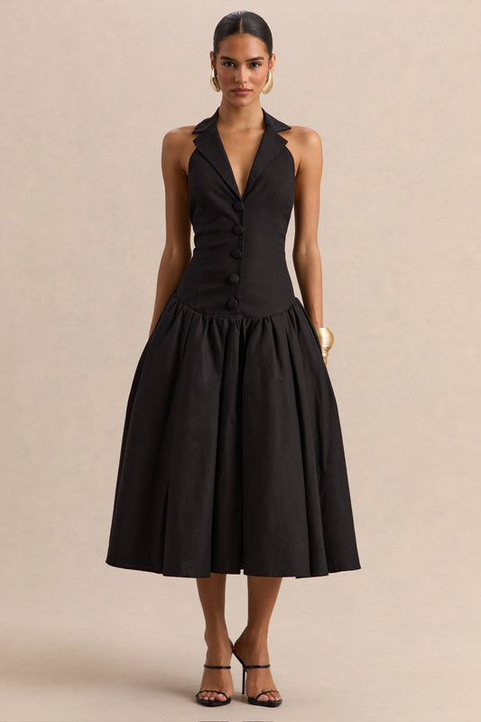 Ella | Negro Escote Pronunciado Vestido Midi con Cintura Caída