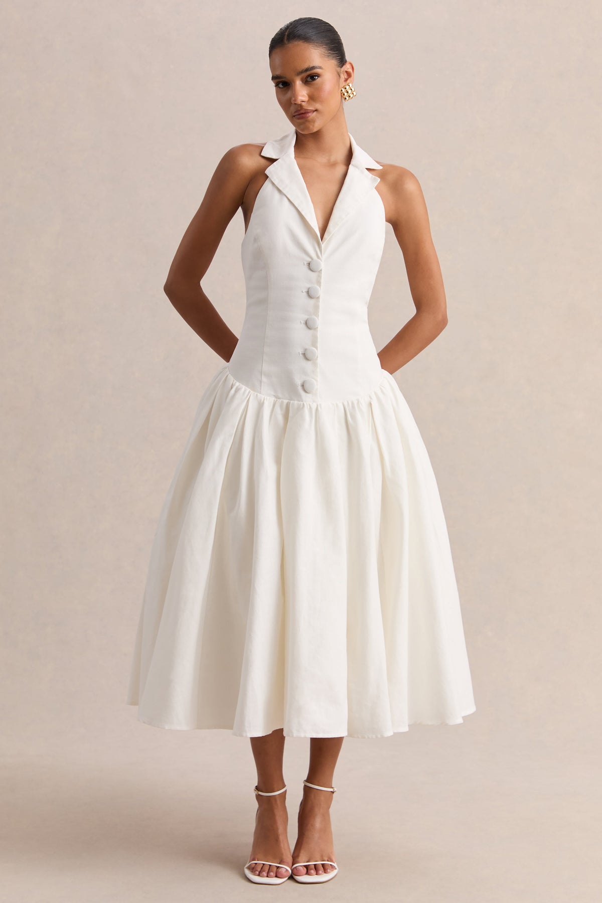 Ella | Blanco Escote Pronunciado Vestido Midi con Cintura Baja
