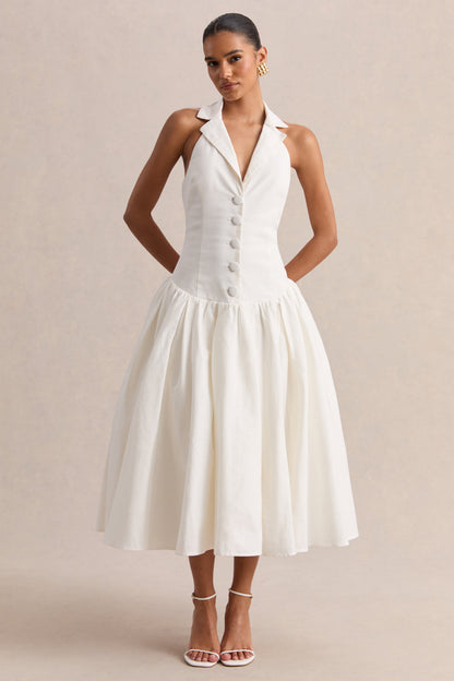 Ella | Blanco Escote Pronunciado Vestido Midi con Cintura Baja