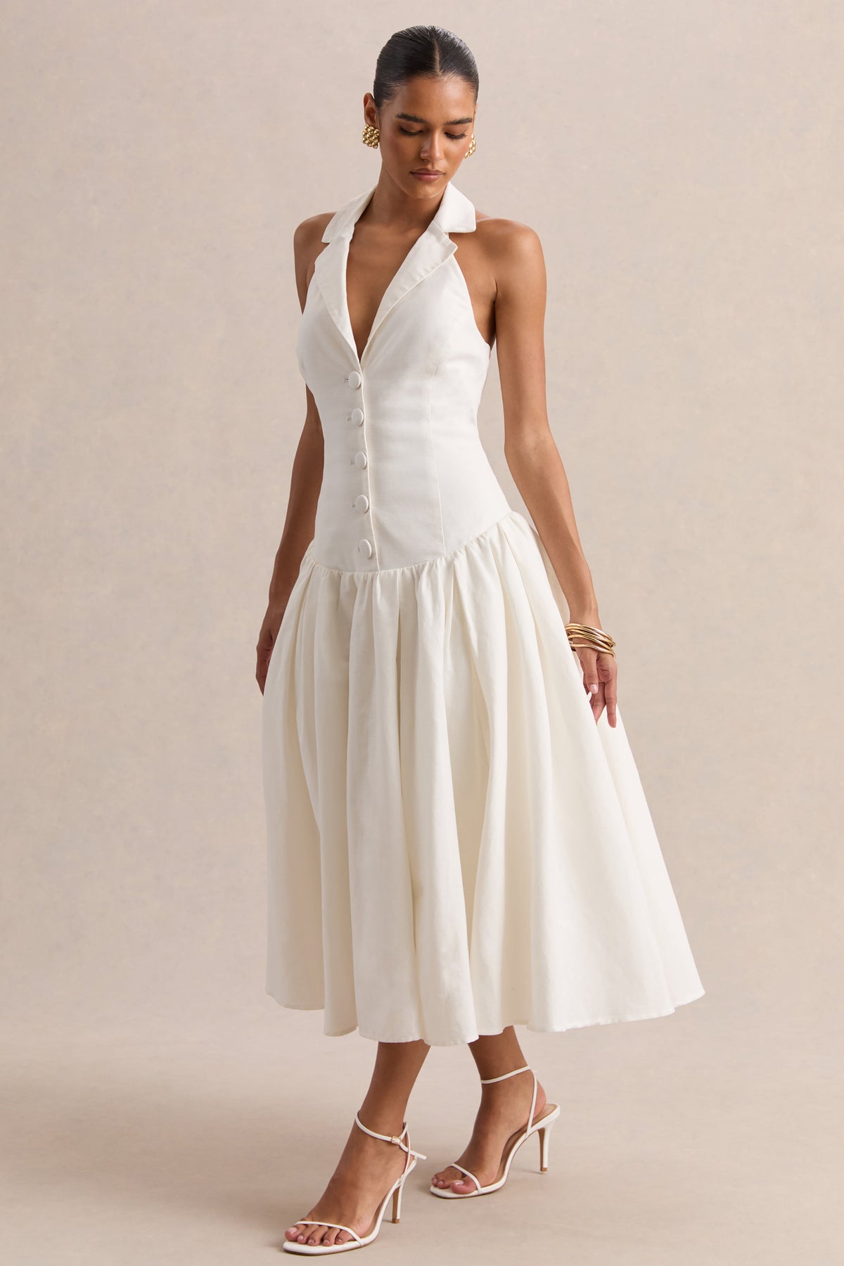 Ella | Blanco Escote Pronunciado Vestido Midi con Cintura Baja