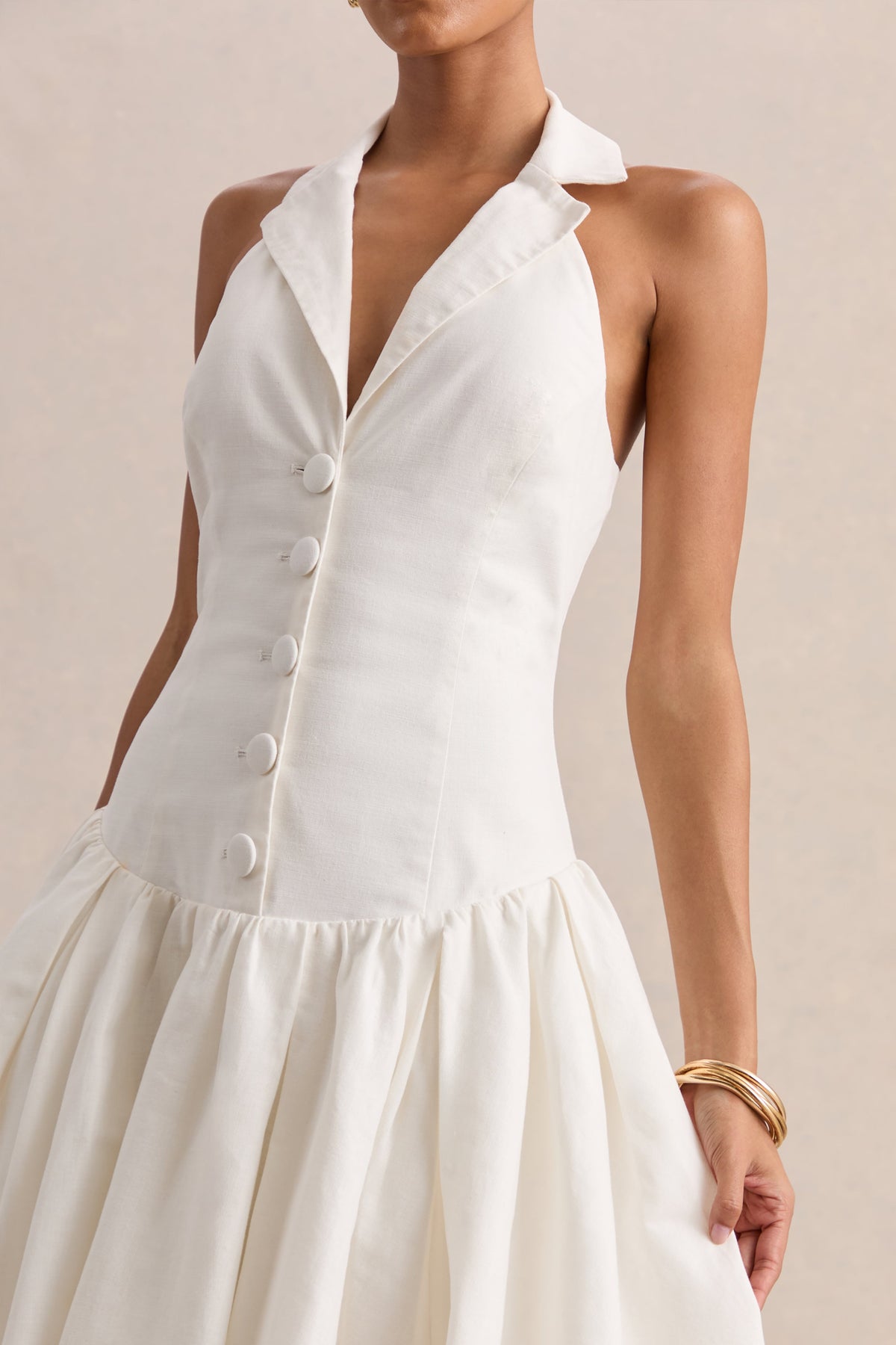 Ella | Blanco Escote Pronunciado Vestido Midi con Cintura Baja