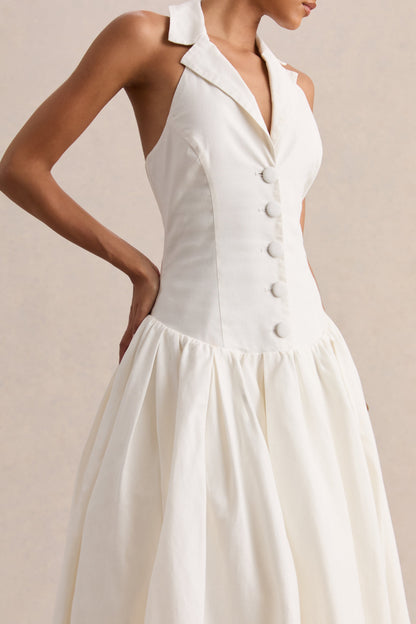 Ella | Blanco Escote Pronunciado Vestido Midi con Cintura Baja