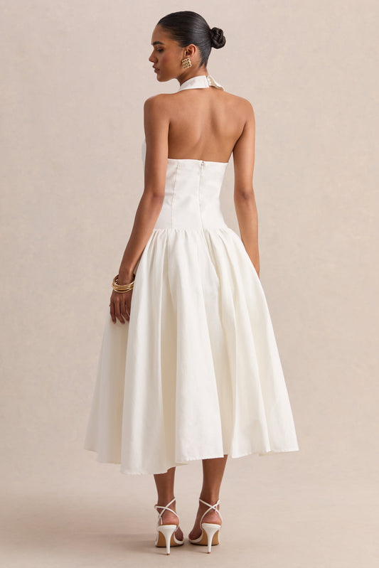 Ella | Blanco Escote Pronunciado Vestido Midi con Cintura Baja