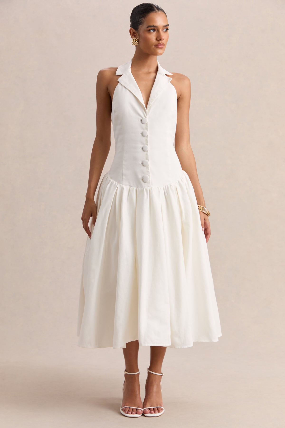Ella | Blanco Escote Pronunciado Vestido Midi con Cintura Baja
