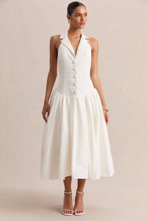 Ella | Blanco Escote Pronunciado Vestido Midi con Cintura Baja