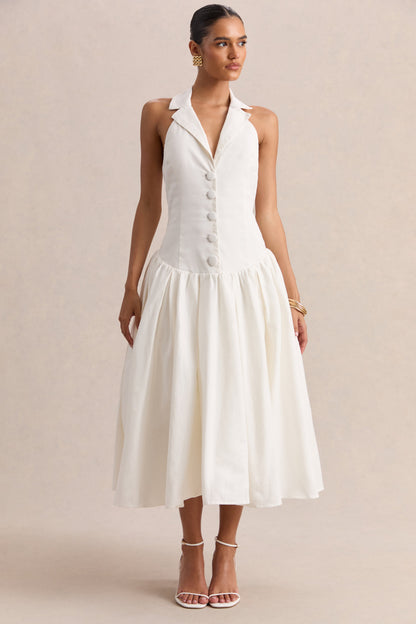 Ella | Blanco Escote Pronunciado Vestido Midi con Cintura Baja