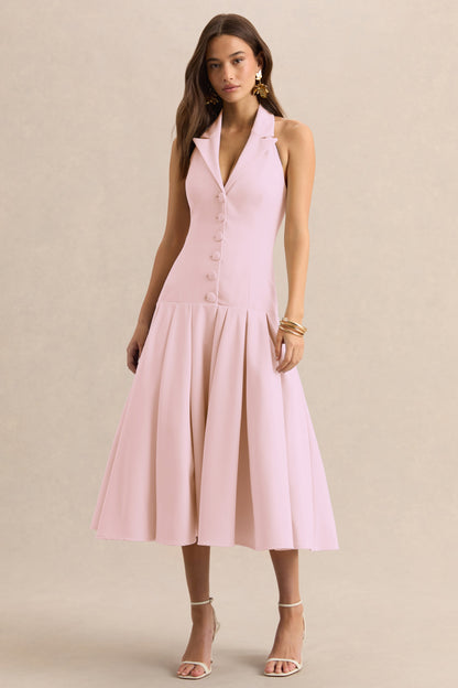 Elise | Vestido Midi Rosa Claro Con Escote Profundo Y Cintura Baja