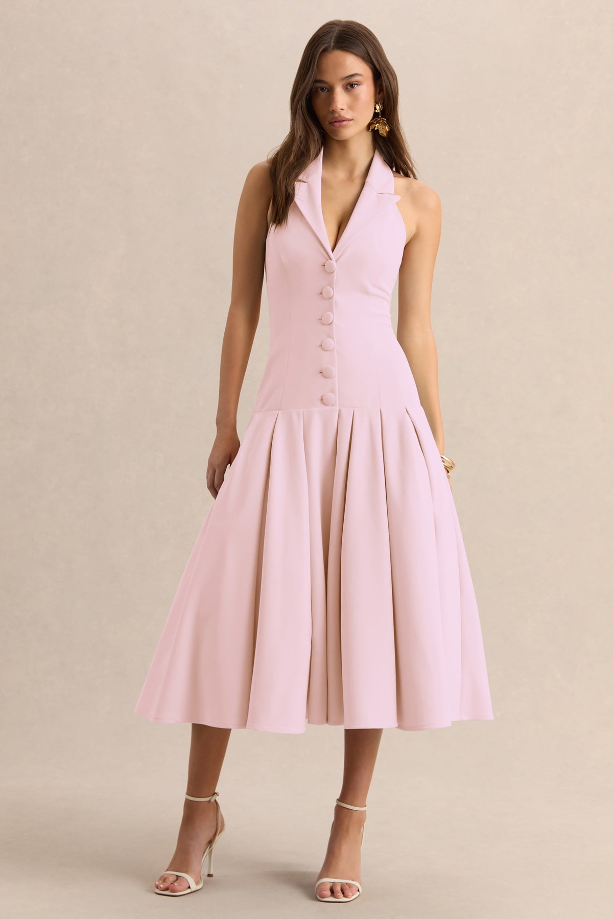 Elise | Vestido Midi Rosa Claro Con Escote Profundo Y Cintura Baja