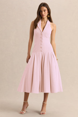 Elise | Vestido Midi Rosa Claro Con Escote Profundo Y Cintura Baja