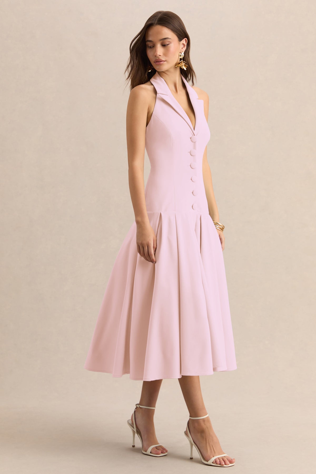 Elise | Vestido Midi Rosa Claro Con Escote Profundo Y Cintura Baja