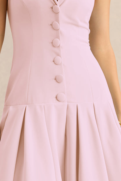 Elise | Vestido Midi Rosa Claro Con Escote Profundo Y Cintura Baja