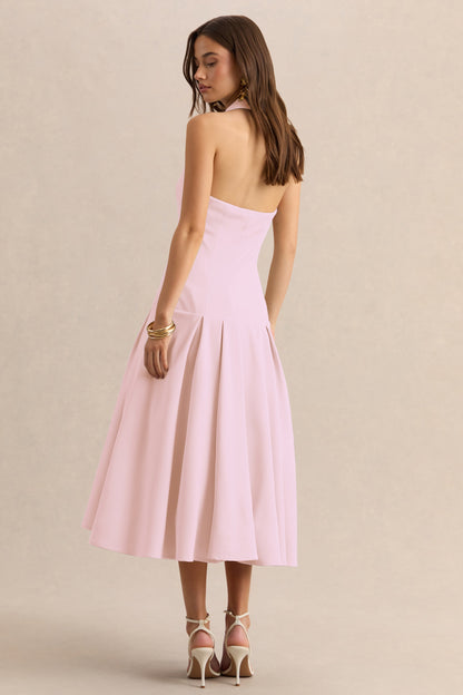 Elise | Vestido Midi Rosa Claro Con Escote Profundo Y Cintura Baja