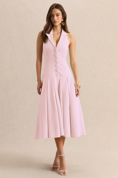 Elise | Vestido Midi Rosa Claro Con Escote Profundo Y Cintura Baja
