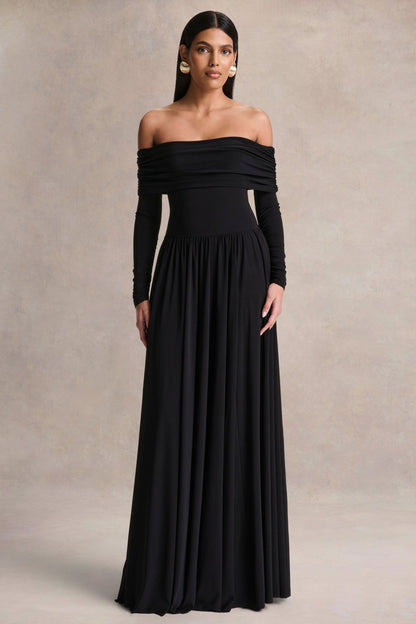 Saskia | Vestido largo negro de cuello Bardot