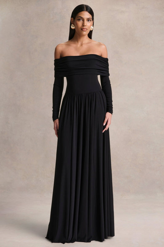 Saskia | Vestido largo negro de cuello Bardot
