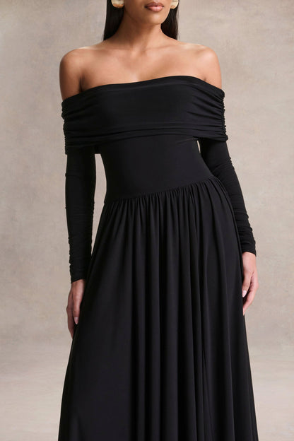 Saskia | Vestido largo negro de cuello Bardot