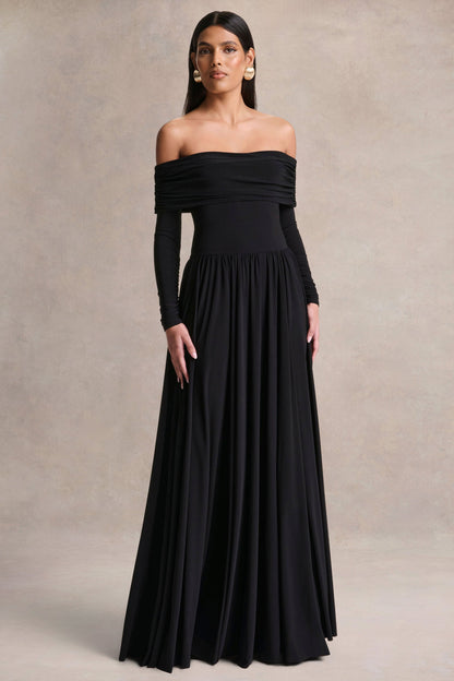 Saskia | Vestido largo negro de cuello Bardot