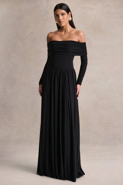 Saskia | Vestido largo negro de cuello Bardot