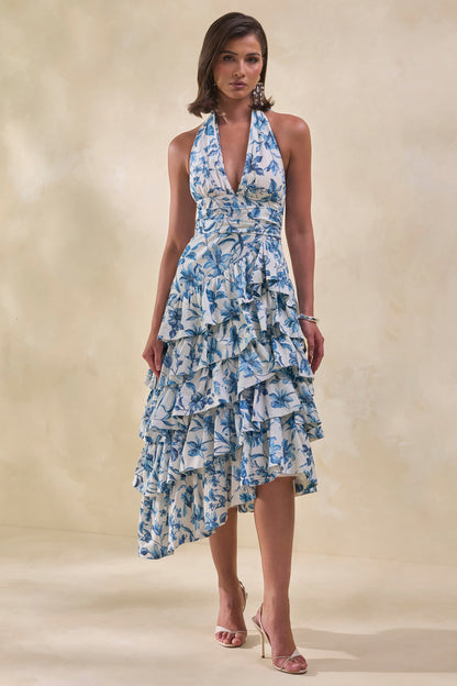 Velora | Vestido Midi Azul Porcelana Con Escote Halter Y Falda De Volantes Escalonados