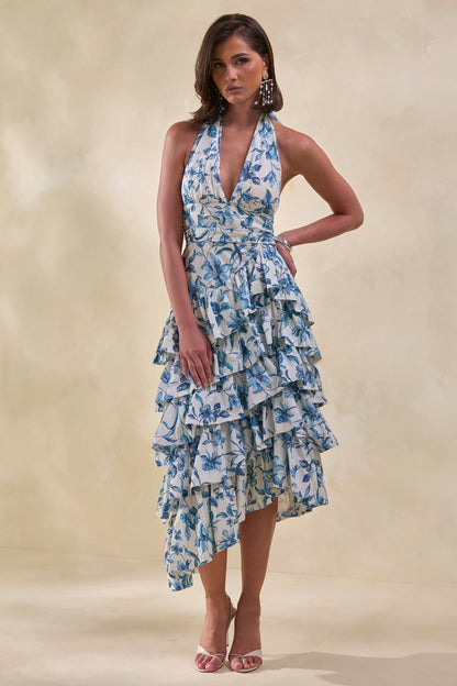 Velora | Vestido Midi Azul Porcelana Con Escote Halter Y Falda De Volantes Escalonados