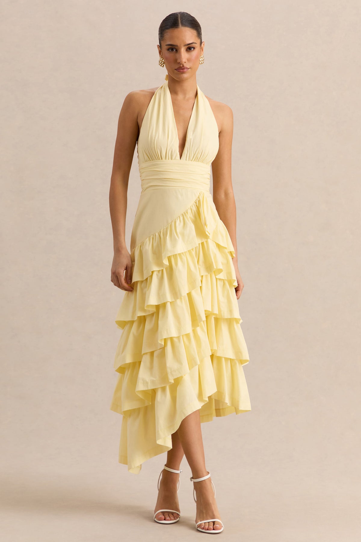 Velora | Vestido Midi Limón Con Escote Asimétrico Y Falda De Volantes En Capas