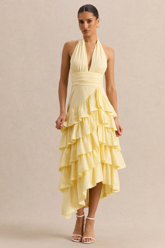 Velora | Vestido Midi Limón Con Escote Asimétrico Y Falda De Volantes En Capas