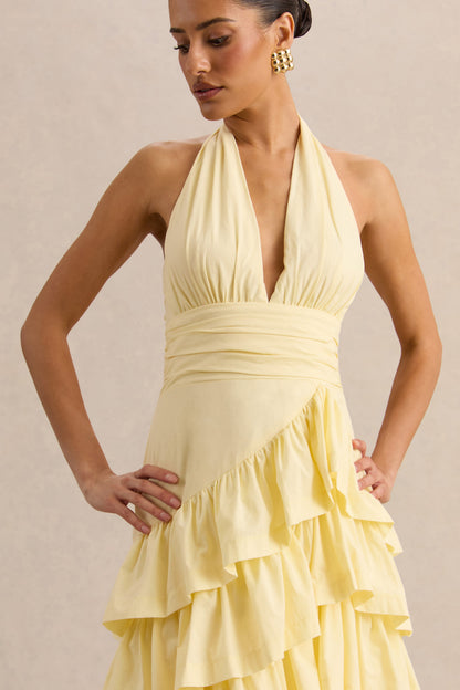 Velora | Vestido Midi Limón Con Escote Asimétrico Y Falda De Volantes En Capas