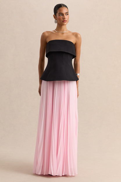 Stellara | Vestido Largo Negro Y Rosa De Scuba Crepé Con Escote Bandeau Y Falda Plisada